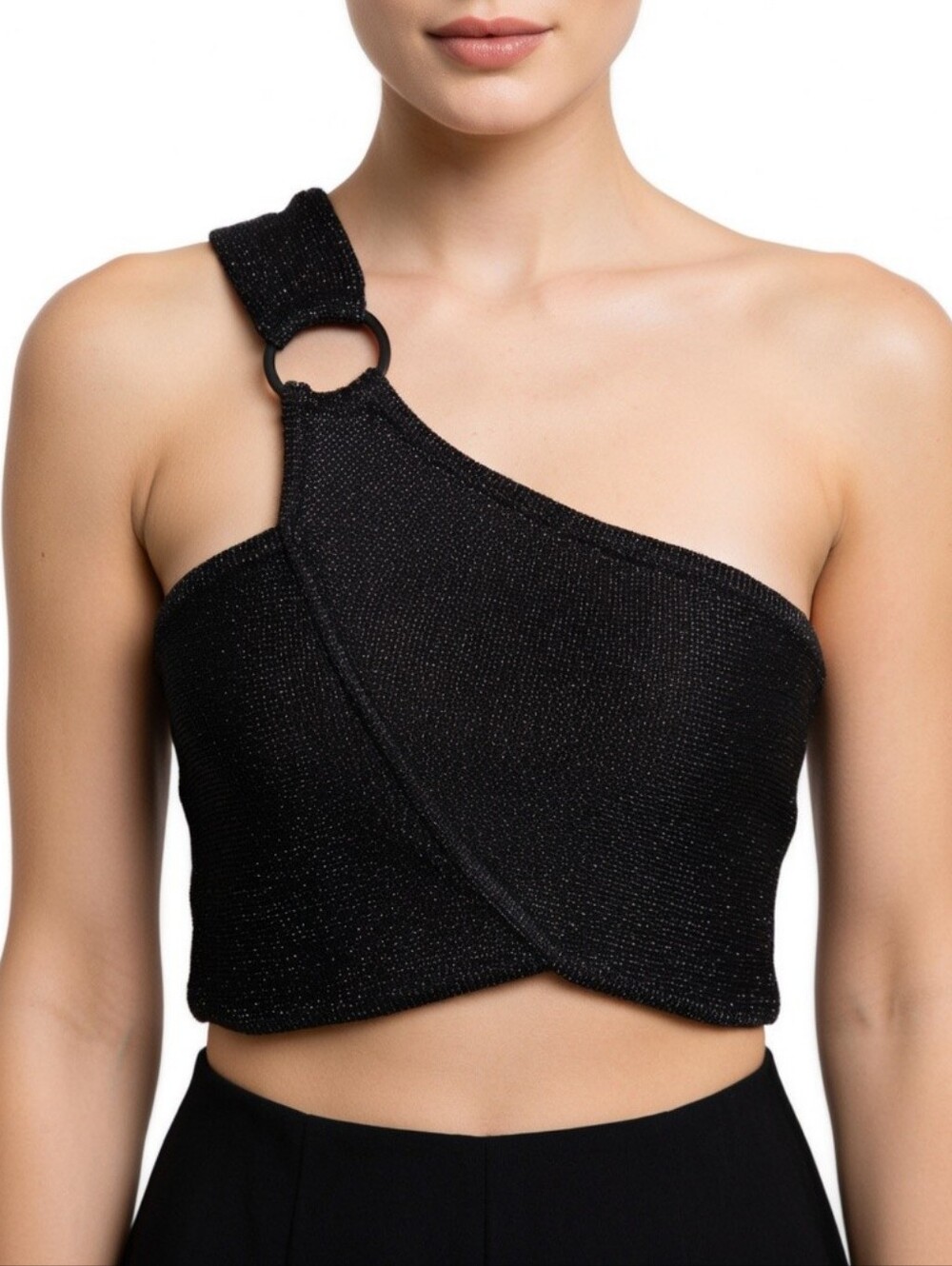 House Of Harlow One-Shoulder Black Sparkle Crop Top Size S